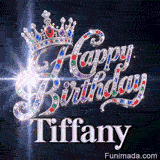Happy Birthday Tiffany animated image showcasing a royal silver crown and glittering particle beams on a space backdrop.