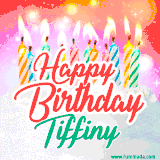 Bright birthday candles with rainbow flames on a cake, alongside the text 'Happy Birthday Tiffiny' in vibrant script in this celebratory animated GIF.