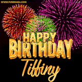 A golden 'Happy Birthday Tiffiny' message with vibrant fireworks in the background, creating a festive and celebratory vibe in this animated name GIF.