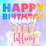 A vibrant animated name GIF with the words 'Happy Birthday Tiffiny' with colorful candles on a creamy cake. The background sparkles with pastel shades, adding a festive touch.