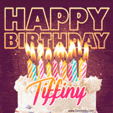 A colorful birthday cake topped with lit candles, with the words 'Happy Birthday Tiffiny' in bold glowing letters on a burgundy background. Animated flames add a festive touch.