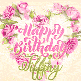 A stunning heart made of pink roses surrounds the elegant script text 'Happy Birthday Tiffiny' on a soft beige background. Animated sparkles add a magical and festive feel.
