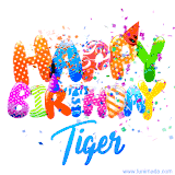 Animated GIF with colorful, festive 'Happy Birthday Tiger' text decorated with patterns, a party hat, and falling confetti. A vibrant and cheerful design for birthday celebrations.