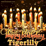 A glowing personalized birthday GIF with name Tigerlily featuring lit candles with intricate designs, warm lighting, and the text 'Happy Birthday' in an elegant font.