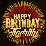Golden 'Happy Birthday Tigerlily' text accompanied by animated rainbow fireworks for a festive animated greeting.