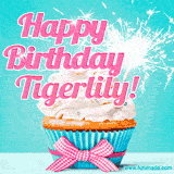 A festive cupcake with pink icing, a gingham bow, and a lit animated sparkler, paired with 'Happy Birthday Tigerlily!' in bright pink text.