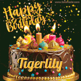 A delightful chocolate birthday cake with bright candles and 'Happy Birthday Tigerlily' written in gold amidst a shower of animated stars.