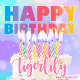 A vibrant animated name GIF with the words 'Happy Birthday Tigerlily' with colorful candles on a creamy cake. The background sparkles with pastel shades, adding a festive touch.