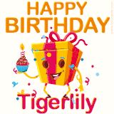 A vibrant and funny gift box character with a happy face dancing with a cupcake and the text 'Happy Birthday Tigerlily,' surrounded by animated confetti and party vibes.