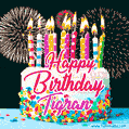 Amazing Animated GIF Image for Tigran with Birthday Cake and Fireworks