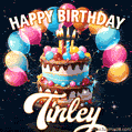 Hand-drawn happy birthday cake adorned with an arch of colorful balloons - name GIF for Tinley