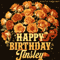 Beautiful bouquet of orange and red roses for Tinsley, golden inscription and twinkling stars