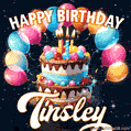 Hand-drawn happy birthday cake adorned with an arch of colorful balloons - name GIF for Tinsley