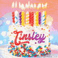 Personalized for Tinsley  elegant birthday cake adorned with rainbow sprinkles, colorful candles and glitter