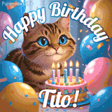 A playful tabby cat sits behind a colorful birthday cake surrounded by balloons and confetti, with 'Happy Birthday Tito!' written above in festive letters.