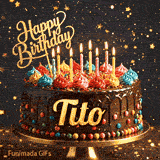 An animated birthday card featuring a detailed chocolate cake under falling gold dust, personalized for Tito.