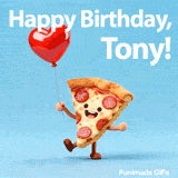 Modern fun Happy Birthday Tony animated e-card with a smiling pizza holding a balloon