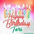 Happy Birthday GIF for Tori with Birthday Cake and Lit Candles