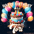 Hand-drawn happy birthday cake adorned with an arch of colorful balloons - name GIF for Tori