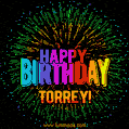 A colorful animated GIF featuring the text 'Happy Birthday Torrey!' in rainbow colors with a dynamic iridescent firework display in the background.