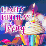 A festive animated GIF featuring a colorful cupcake with a single lit candle, sprinkles, and 'Happy Birthday Torrey' text against a sparkling, celebratory background.