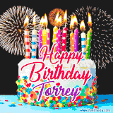 A lively happy birthday animated GIF showcasing a colorful birthday cake covered in sprinkles, topped with glowing candles, and surrounded by vibrant fireworks. The name 'Torrey' is featured in elegant script.