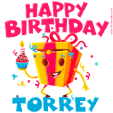 A funny animated birthday GIF with the words 'Happy Birthday Torreya', colorful gift box with arms and legs, holding a cupcake with a lit candle  with confetti everywhere.