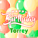 Animated GIF featuring colorful balloons in the background with the cheerful text 'Happy Birthday Torrey'.
