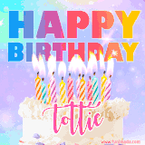 A vibrant animated name GIF with the words 'Happy Birthday Tottie' with colorful candles on a creamy cake. The background sparkles with pastel shades, adding a festive touch.