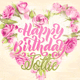 A stunning heart made of pink roses surrounds the elegant script text 'Happy Birthday Tottie' on a soft beige background. Animated sparkles add a magical and festive feel.
