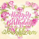 A stunning heart made of pink roses surrounds the elegant script text 'Happy Birthday Toukhtzam' on a soft beige background. Animated sparkles add a magical and festive feel.