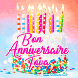 A white birthday cake covered in colorful sprinkles, topped with bright candles, and French text 'Bon Anniversaire Tova' on a pastel gradient background in an animated GIF.