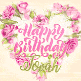 A stunning heart made of pink roses surrounds the elegant script text 'Happy Birthday Tovah' on a soft beige background. Animated sparkles add a magical and festive feel.