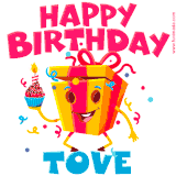 A vibrant and funny gift box character with a happy face dancing with a cupcake and the text 'Happy Birthday Tove,' surrounded by animated confetti and party vibes.