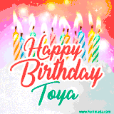 Bright birthday candles with rainbow flames on a cake, alongside the text 'Happy Birthday Toya' in vibrant script in this celebratory animated GIF.