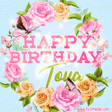 A charming animated GIF featuring 'Happy Birthday Toya' in pink and green text, surrounded by delicate roses, leaves, and fluttering butterflies on a soft light blue pastel background.