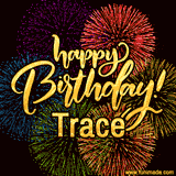 A vibrant display of multicolor fireworks with the text 'Happy Birthday Trace' written in gold, glowing beautifully in front of the explosive background.