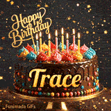 Sparkly golden star background with a detailed chocolate drip cake and the name Trace on the front.