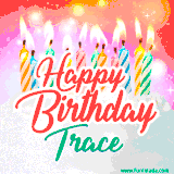 Bright birthday candles with rainbow flames on a cake, alongside the text 'Happy Birthday Trace' in vibrant script in this celebratory animated GIF.