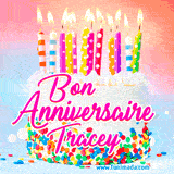 A white birthday cake covered in colorful sprinkles, topped with bright candles, and French text 'Bon Anniversaire Tracey' on a pastel gradient background in an animated GIF.