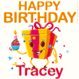 A vibrant and funny gift box character with a happy face dancing with a cupcake and the text 'Happy Birthday Tracey,' surrounded by animated confetti and party vibes.