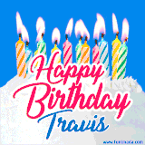 A cheerful animated GIF featuring colorful lit birthday candles on a white cake, with the text 'Happy Birthday Travis' in bold red and blue script on a bright blue background.