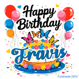 Brightly colored butterflies and little flower decorations on a white drip cake, designed as a birthday GIF for Travis.