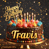 Elegant birthday GIF showing a rich chocolate cake on a gold stand, topped with colorful icing and lit candles for Travis.