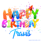 Animated GIF with colorful, festive 'Happy Birthday Travis' text decorated with patterns, a party hat, and falling confetti. A vibrant and cheerful design for birthday celebrations.