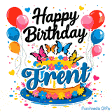 Elegant black Happy Birthday font above a decorated cake with balloons, hearts, and the name Trent.