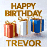 Clean and professional 3D animated Happy Birthday Trevor design featuring three bouncing gifts casting dynamic shadows on a white studio floor