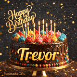 Gold Happy Birthday topper and lit candles on a chocolate frosted cake with Trevor's name on a dark starry background.