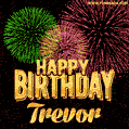 Wishing You A Happy Birthday, Trevor! Best fireworks GIF animated greeting card.