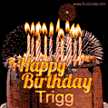 A rich chocolate cake topped with glowing birthday candles and surrounded by bright fireworks. The animated GIF displays the message 'Happy Birthday Trigg' in golden text.